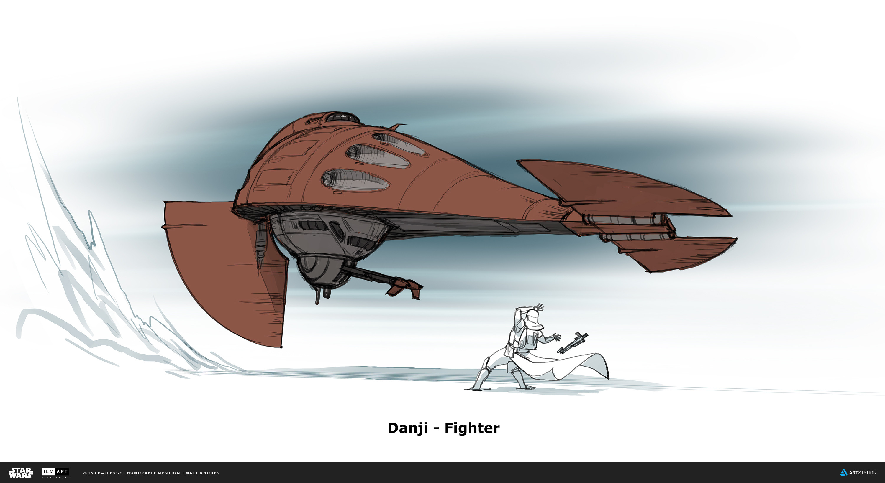 The Fighter is a 2-person craft, pilot and gunner like many star wars fighter craft. It can land on the ground by folding its fore-wings down. You can see in the reference that this is based on an upside down oil lamp.