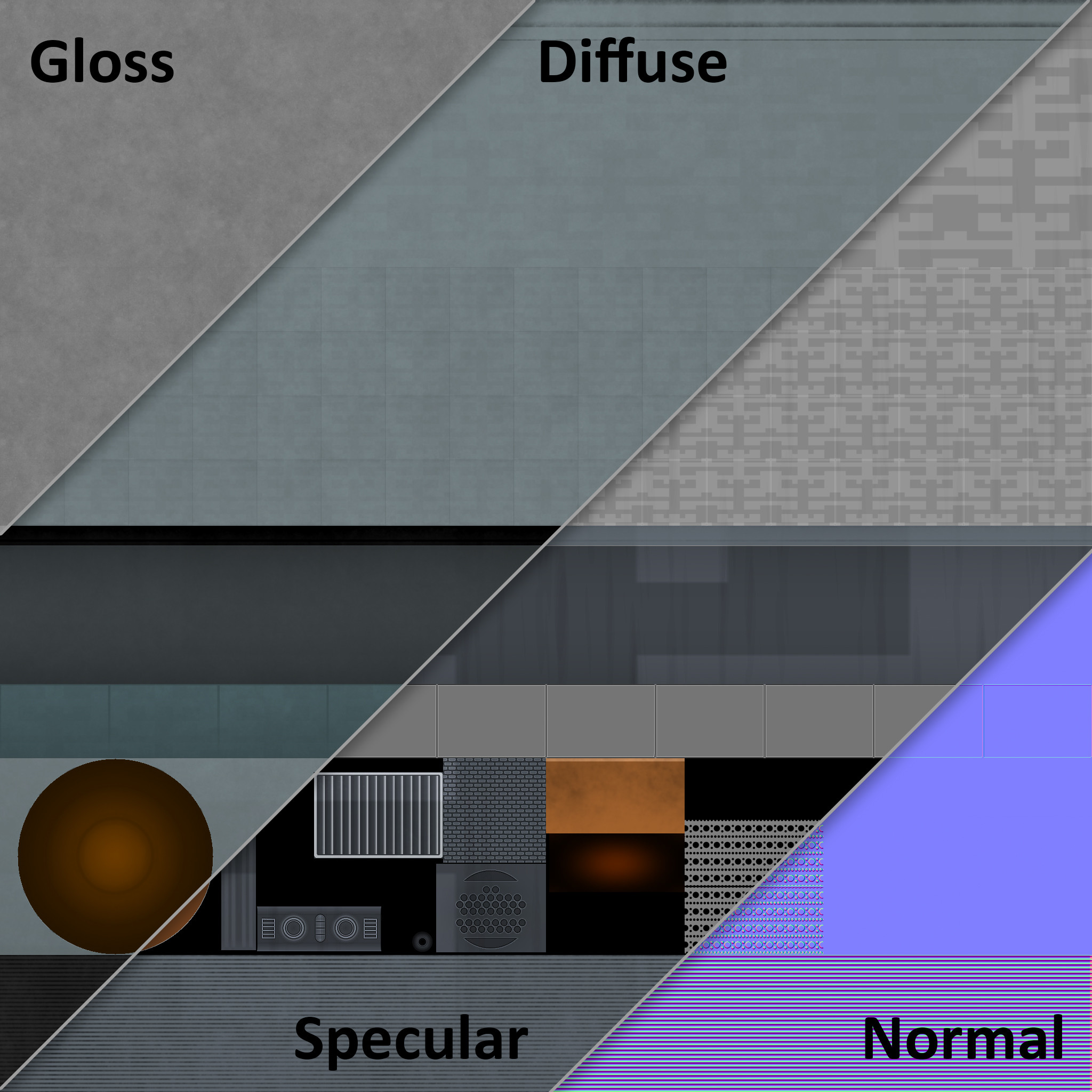 Material cross-section. Star Trek Online uses a material system where every starship is unwrapped to the same UV template, meaning we build most detail into the geometry and map those parts to appropriate sections on the material template.
