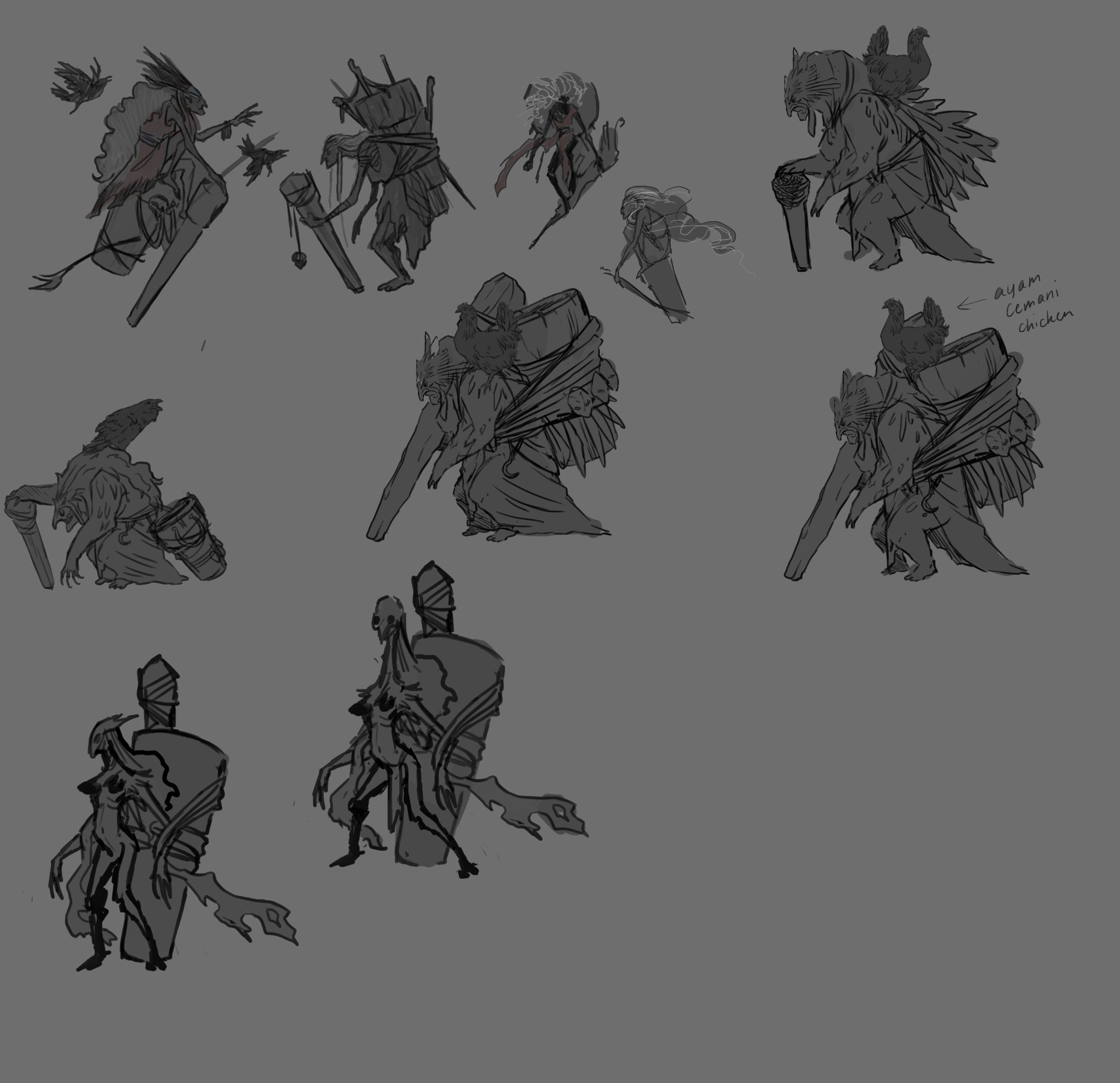 The first few thumbnails for Baba Yaga's design
