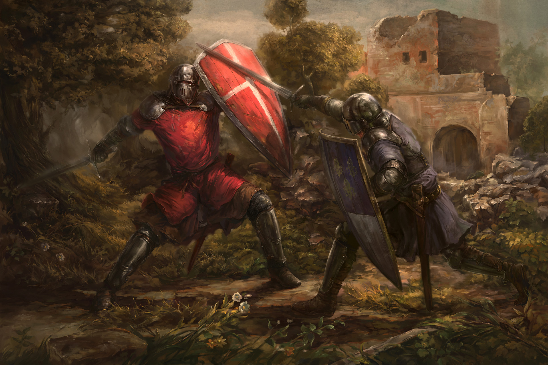 Рыцари горна. Кабальеро рыцарь. Сражение двух рыцарей. Два рыцаря арт. Сражение на мечах.