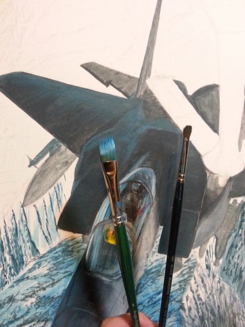 7: Using these two brushes for the reflective blue colors that are on the top of the jet, reflecting a blue sky.
