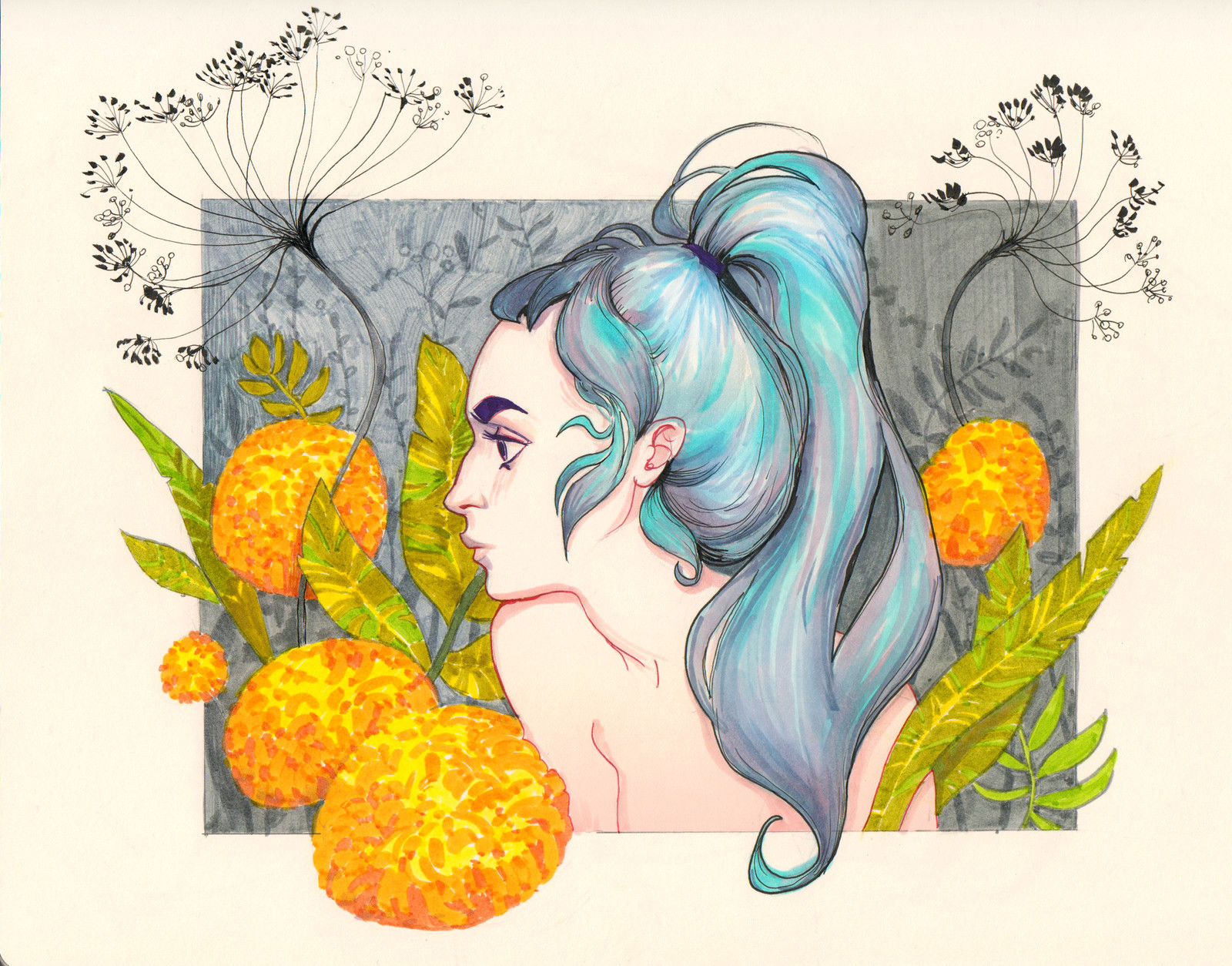 Again girl, again with plants. love this theme :D this time, I even found my old felt tip pens, from school)) and combine them with markers and ink.