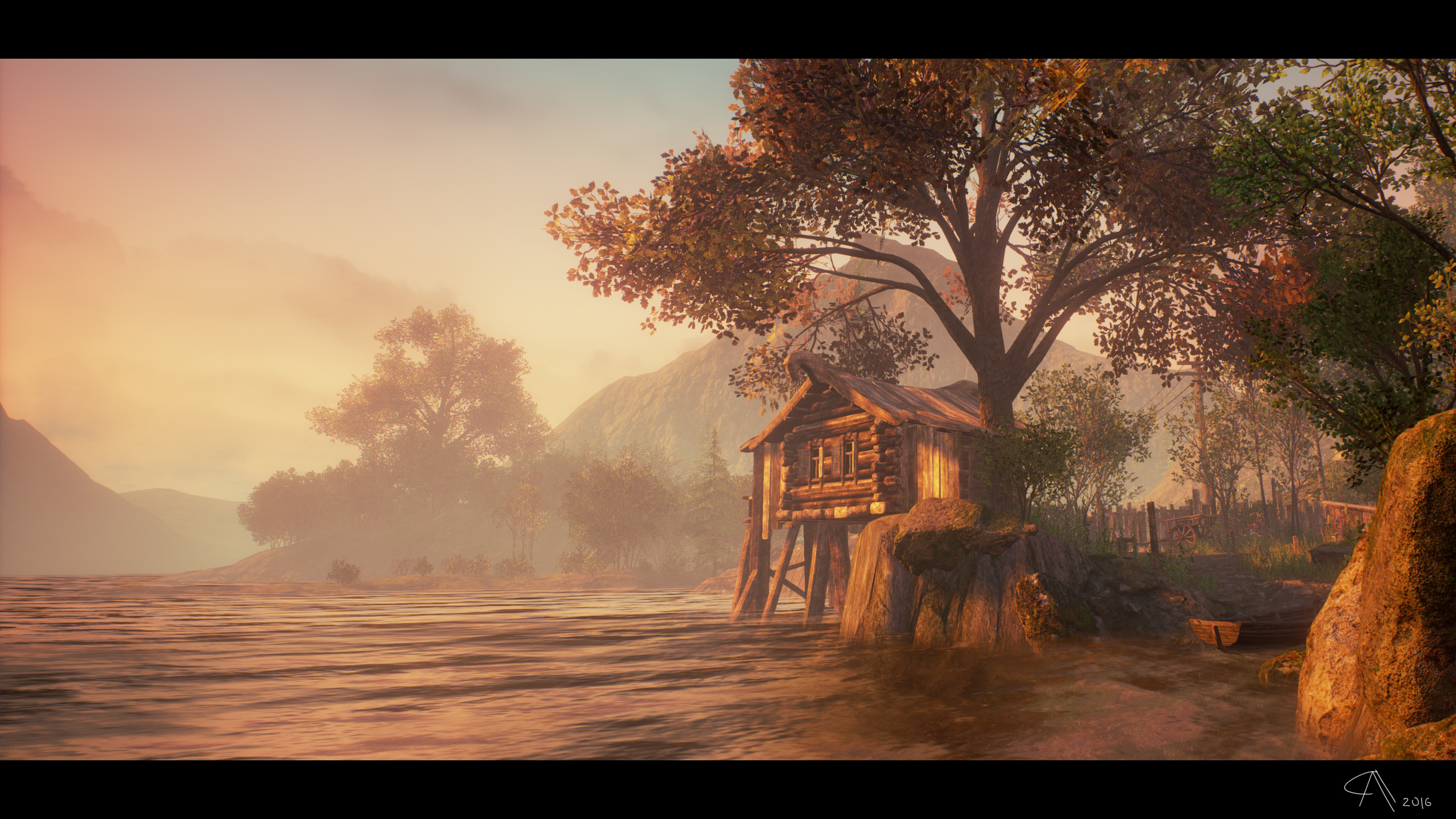 Lake house. Sunset