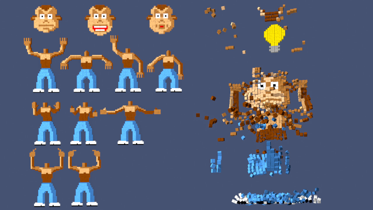 The fourth monkey is created in 3D from cubes and animated with a custom parameter to switch between the poses. The style is an old school game inspired pixelated art. Explosion simulation at the end shows that it is 3D and makes the transition.