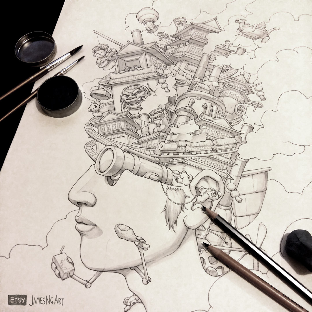 Pencil and watercolor drawing