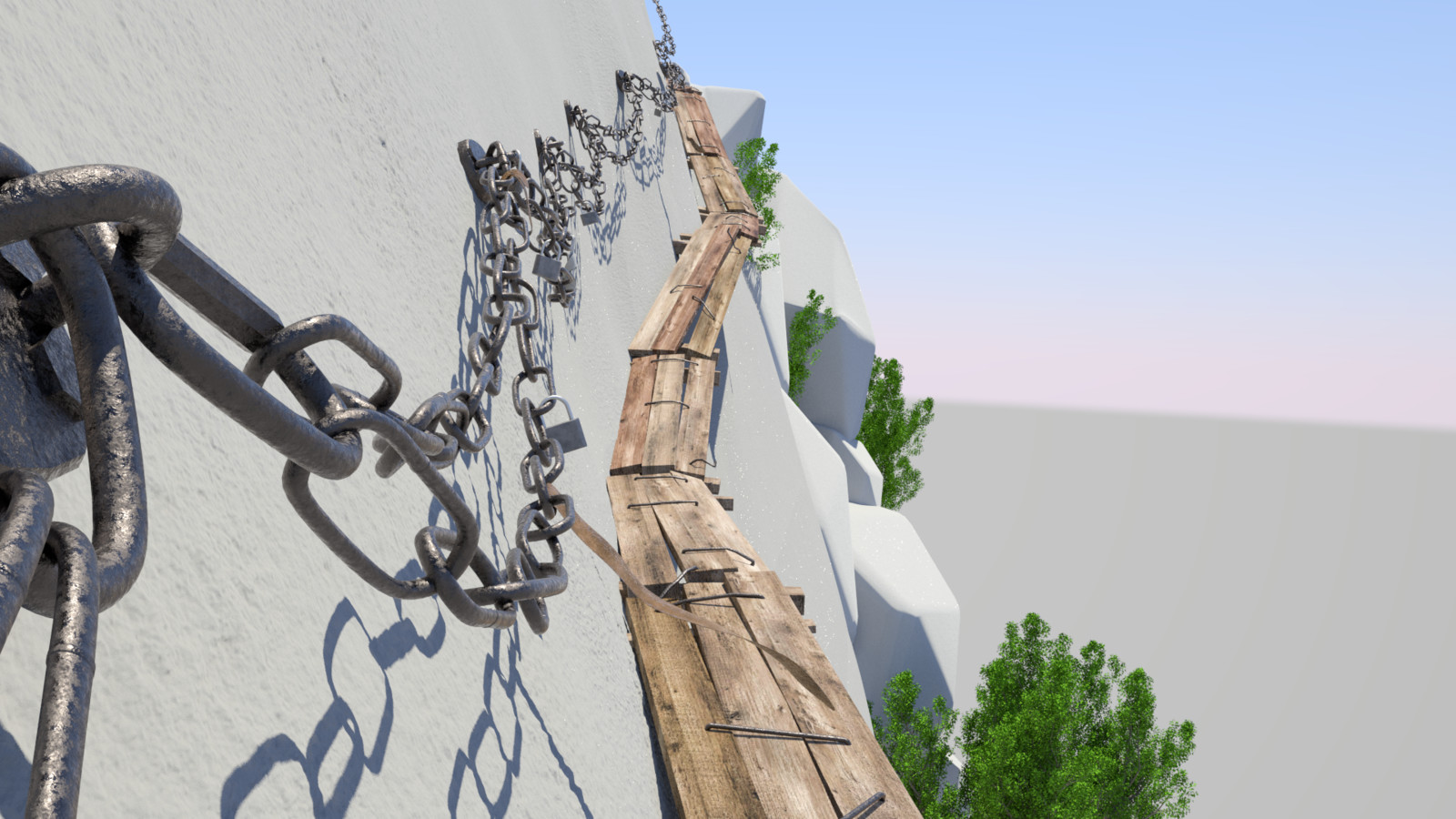 Starting to texture.  The chains are a procedural and the planks are just a single texture with different gamma nodes and layouts for each plank.