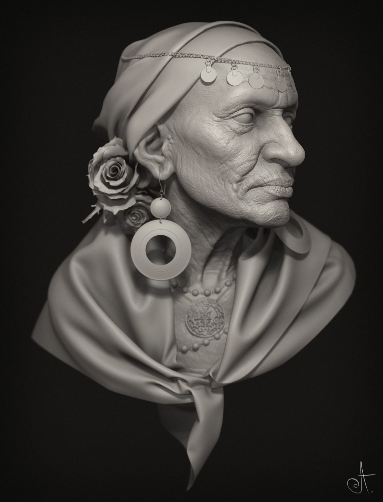 Zbrush renders showing the sculpted details of the face.