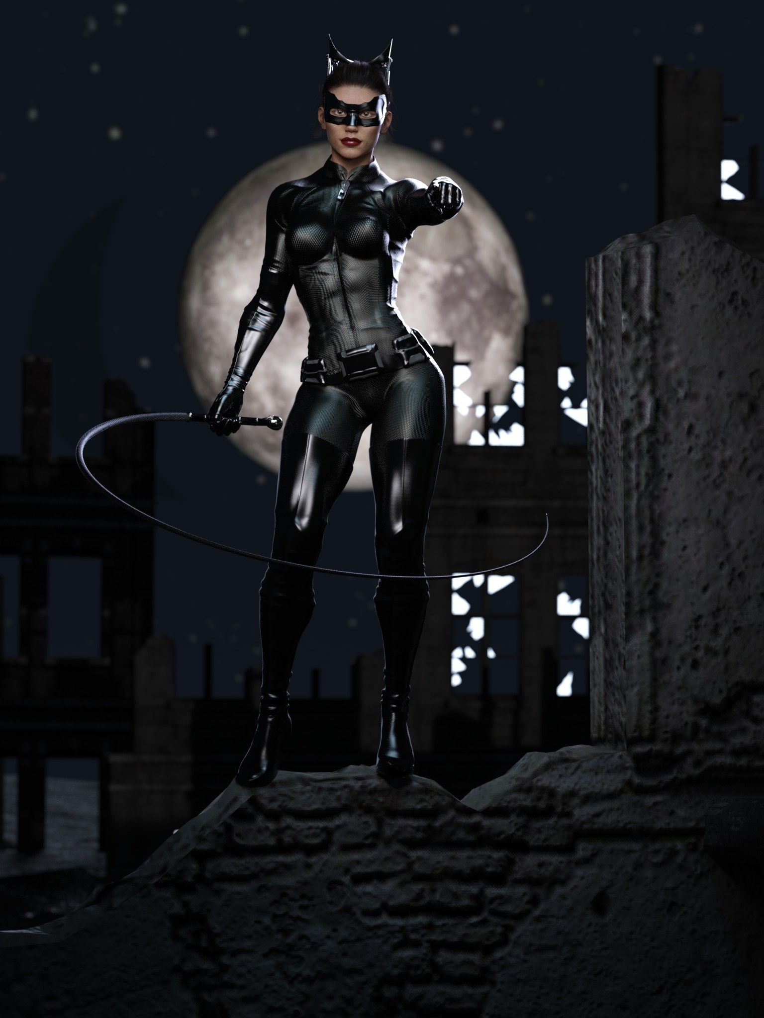 Catwoman on a ledge.