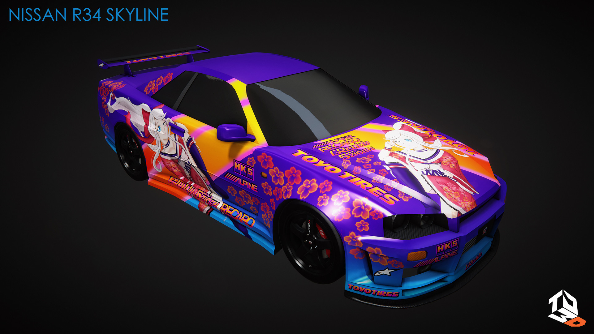 Tom JW Nissan R34 Skyline with anime livery