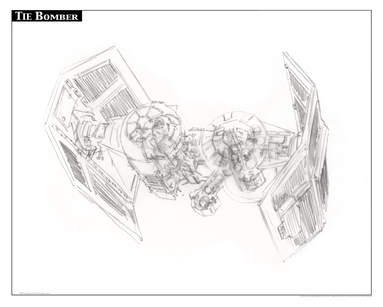 First stage with a very loose pencil style I explore angles and textures for the cutaway as well as possible cutaway shapes that will still help your eye see what the ship looks like, its easy to turn a cutaway into a mess of detail. 