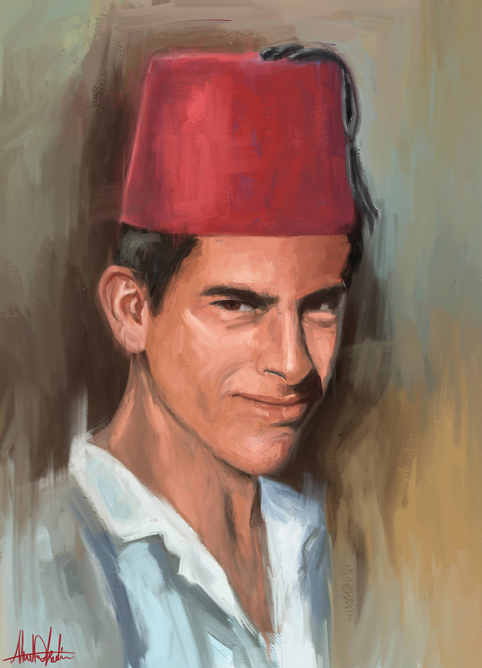 Ahmad Kadi - painting portrait Arab man wearing traditional red fez with  white shirt and colorful background