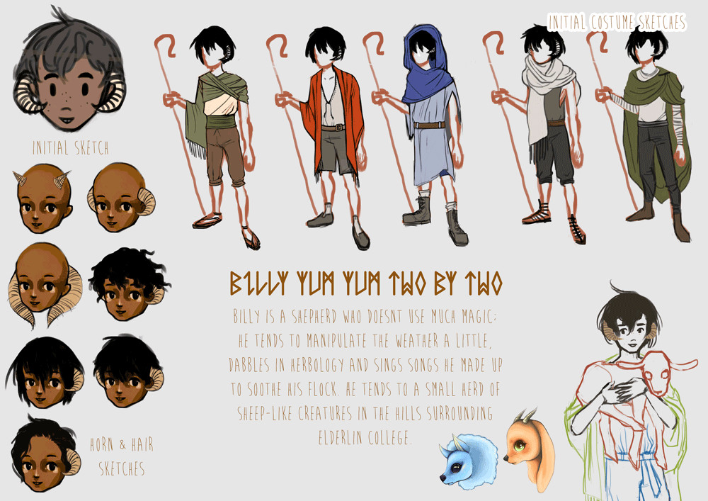 Development sketches for Billy Yum Yum Two by Two, a shepherd.