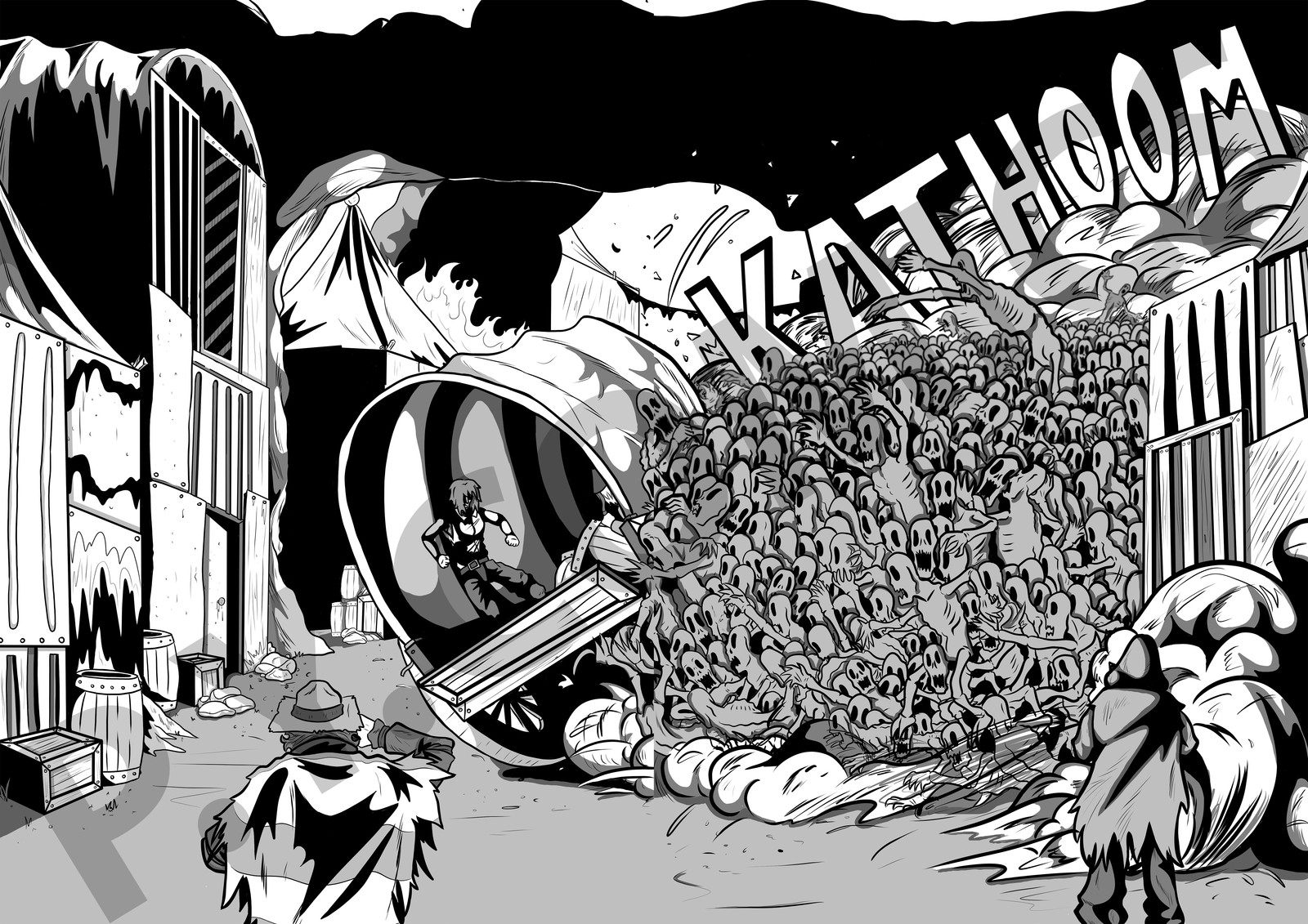 First issue 2-page spread. Zambos attack Arthur's home town.