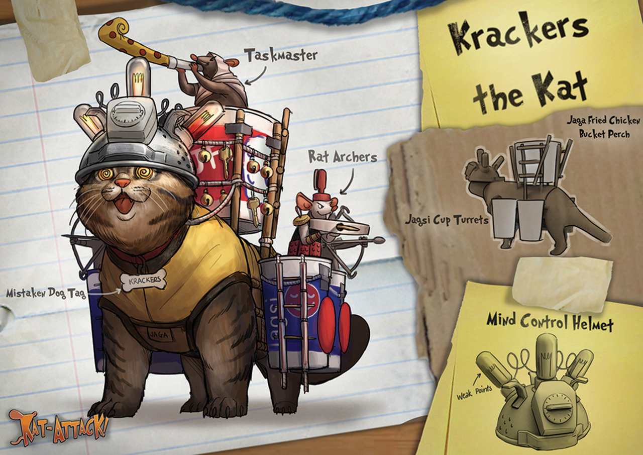 Under a mind control device, the house cat Krackers is turned into a fearsome guardcat.