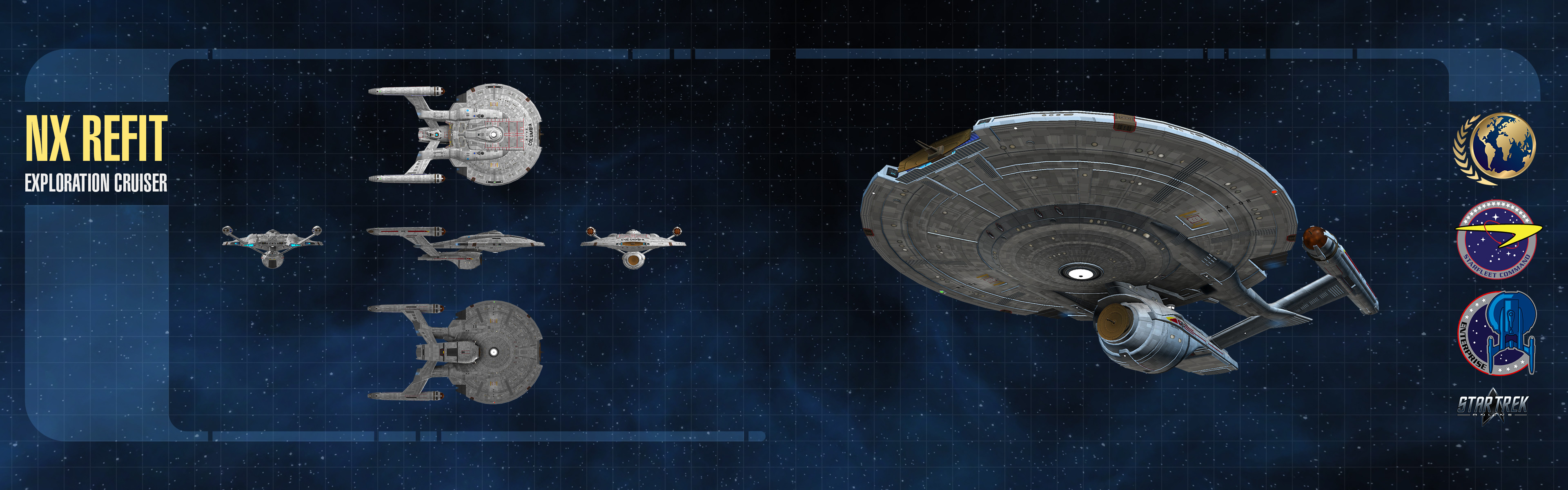 Dual-monitor wallpaper featuring orthographic views of the model.