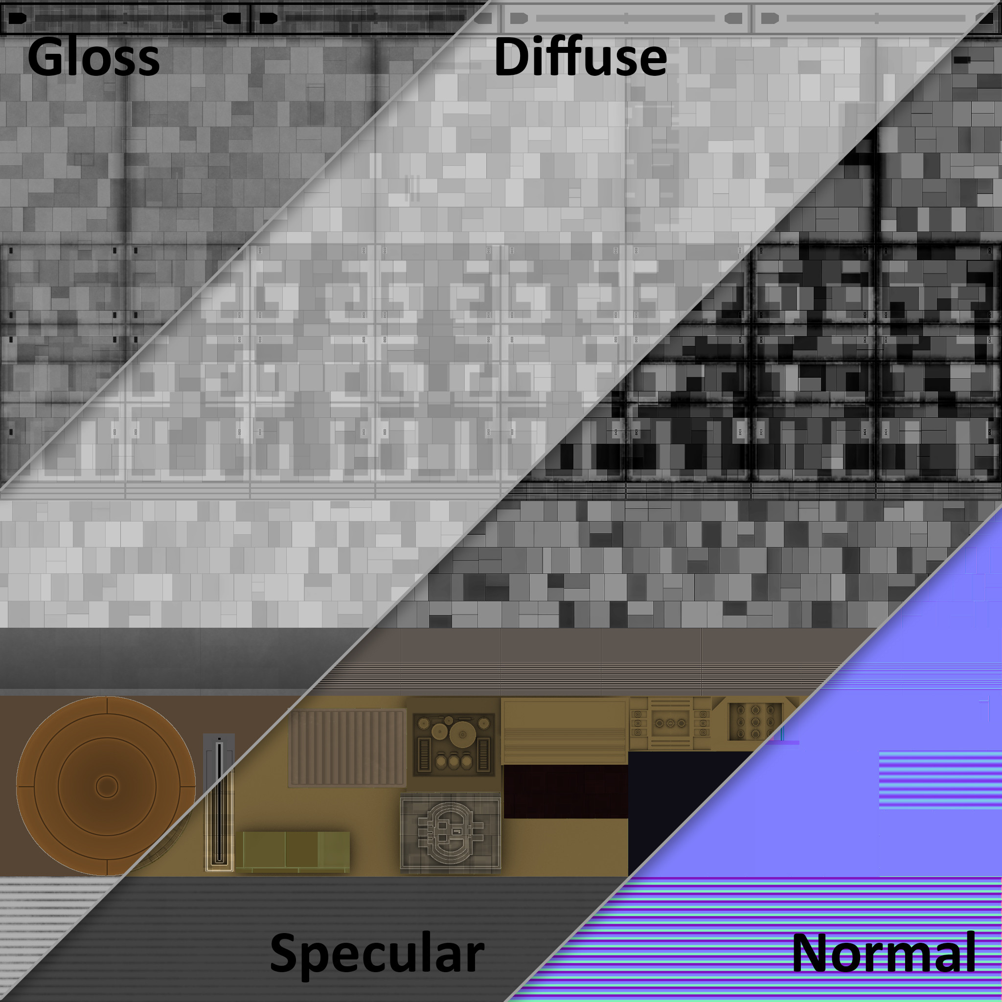 Material cross-section. Star Trek Online uses a material system where every starship is unwrapped to the same UV template, meaning we build most detail into the geometry and map those parts to appropriate sections on the material template.