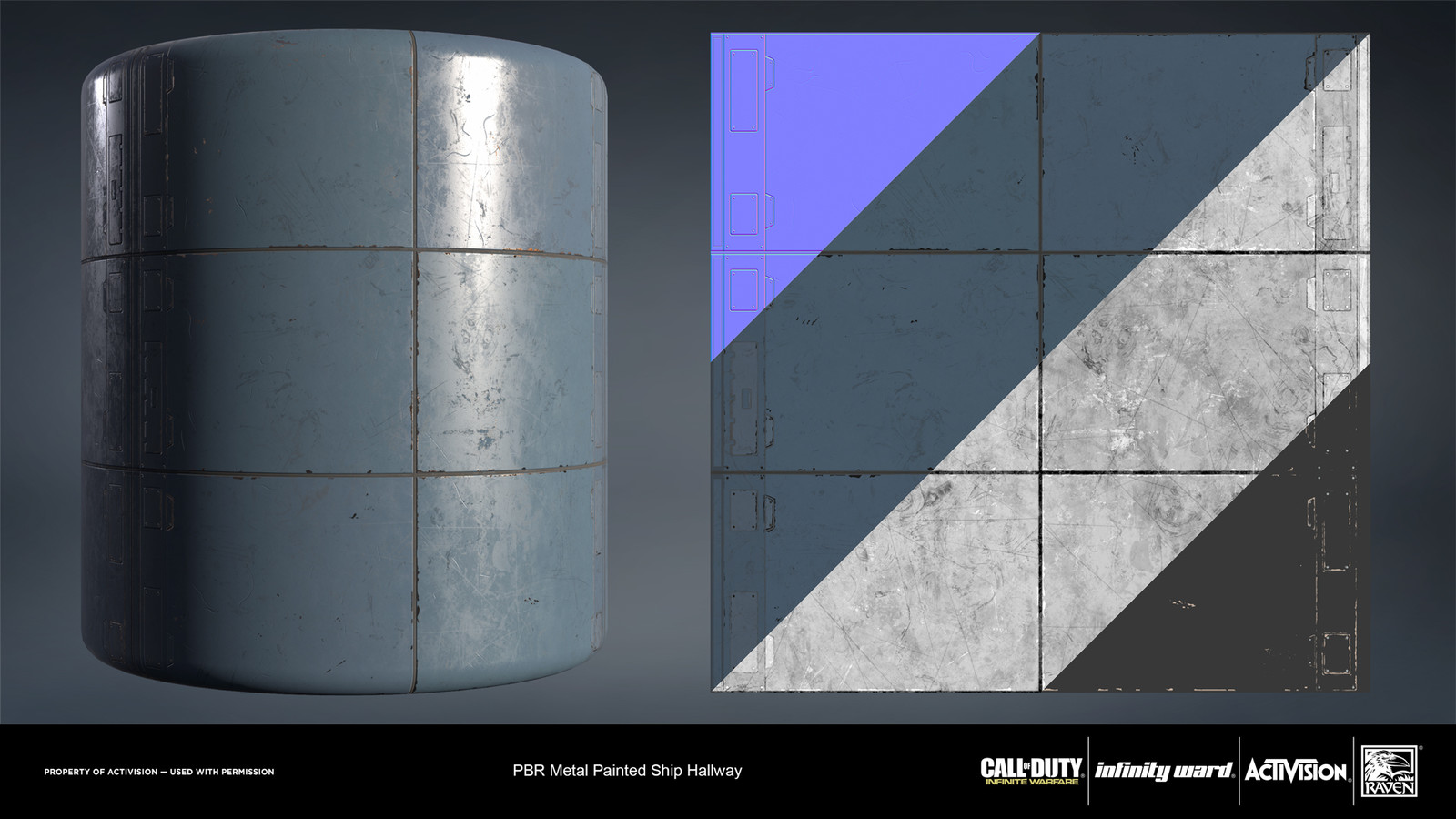 Metal painted ship hallway material. Created in nDo and Substance Designer.