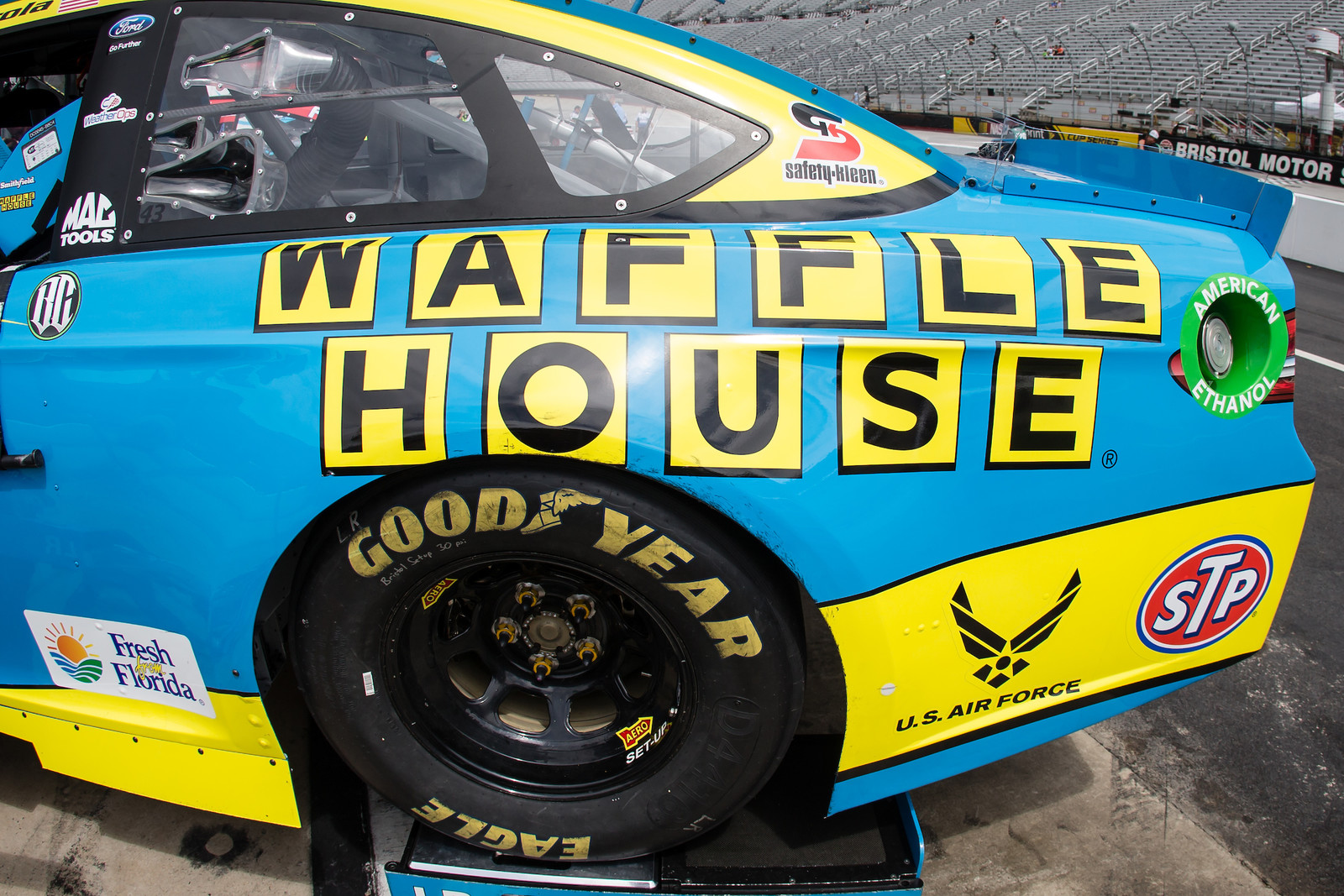 For the first time in history, Waffle House is decorated as primary sponsor the #43 Richard Petty Motorsports Ford Fusion with the breakfast chain's own primary paint scheme!
Photo taken at Bristol Motor Speedway by Brad Schloss