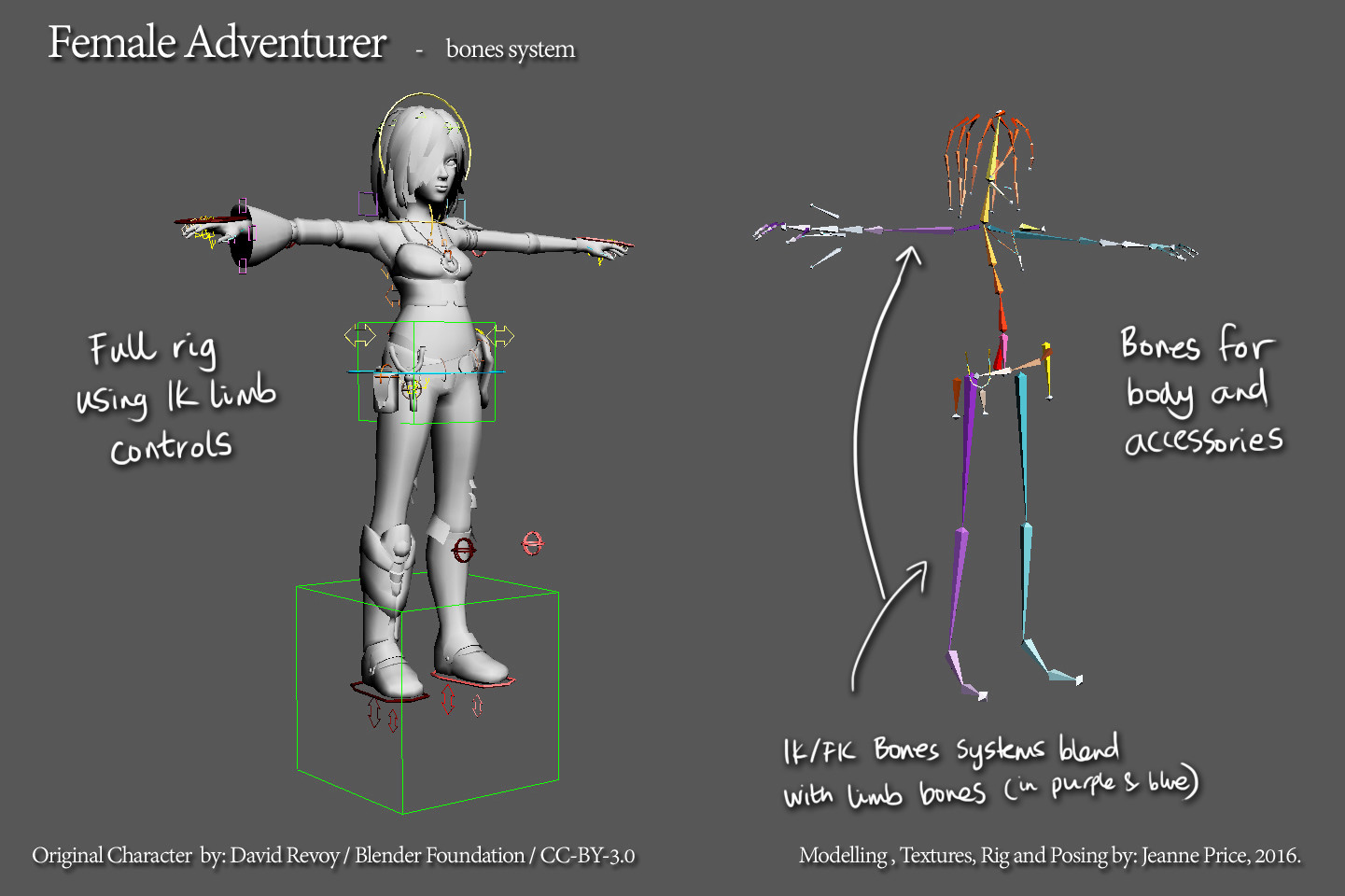 Here is the IK blended rig and the base bones system for this character.

It is A LOT more complicated with helper / constraint objects, but this image makes sense to most!