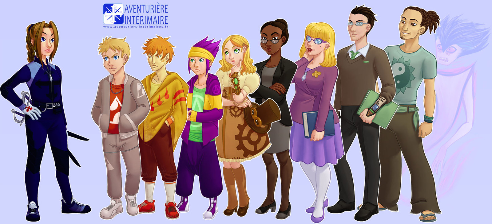 All the characters of the visual novel: Aventurière Intérimaire: http://xn--aventuriers-intrimaires-pcc.fr/