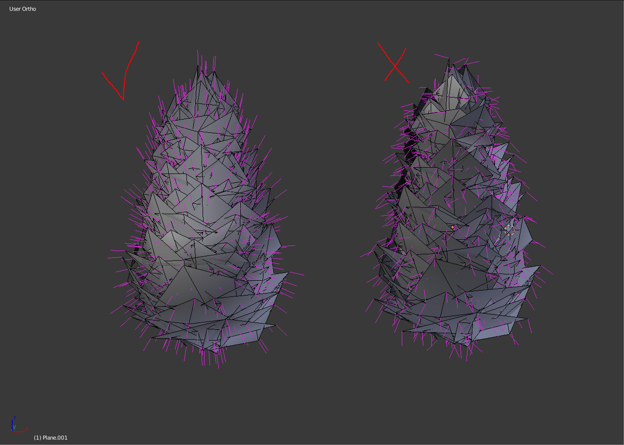 The pine bush with modified normals vs default normals. It's vital for low poly foliage to have properly modified normals to allow more realistic light propagation throughout the model.