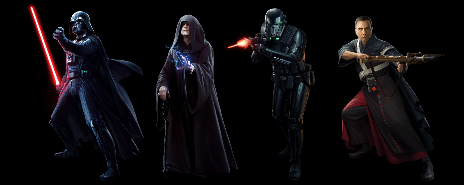 From Left: Darth Vader, Emperor Palpatine, Death Trooper, Chirrut Imwe