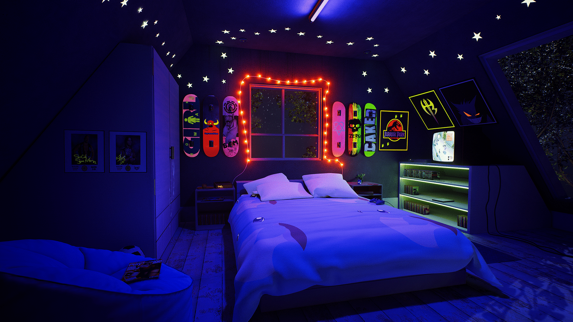 Что есть подростку ночью. Комната в космическом стиле. Спальня в стиле неон. Неоновая комната. Неоновая комната для мальчика.