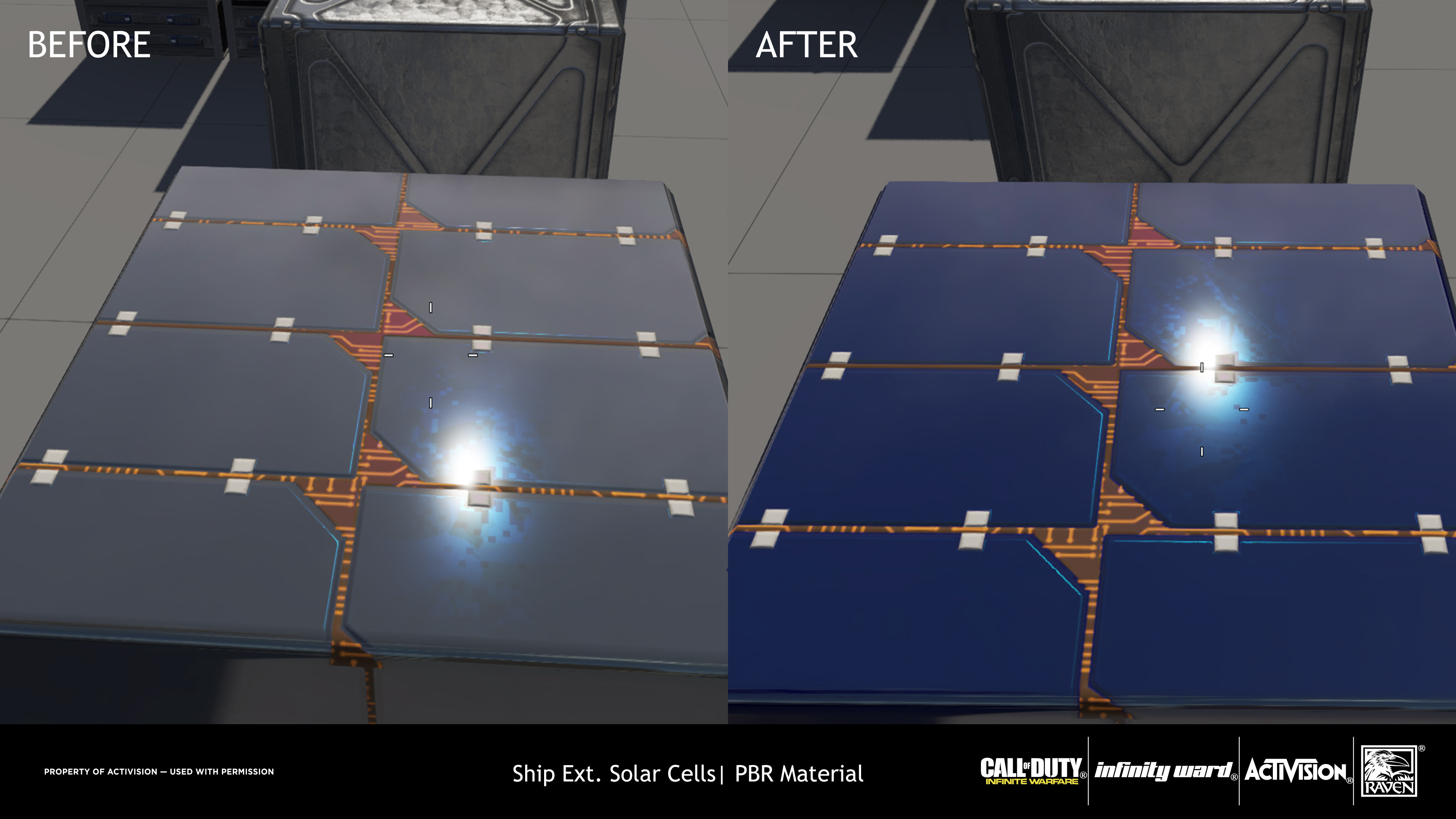 The primary problem for this material was that it used a too dark value for it's albedo, it was lightened and added a color matching solar cells. Masking for the Iridescence shader was refined and specular values were adjusted.