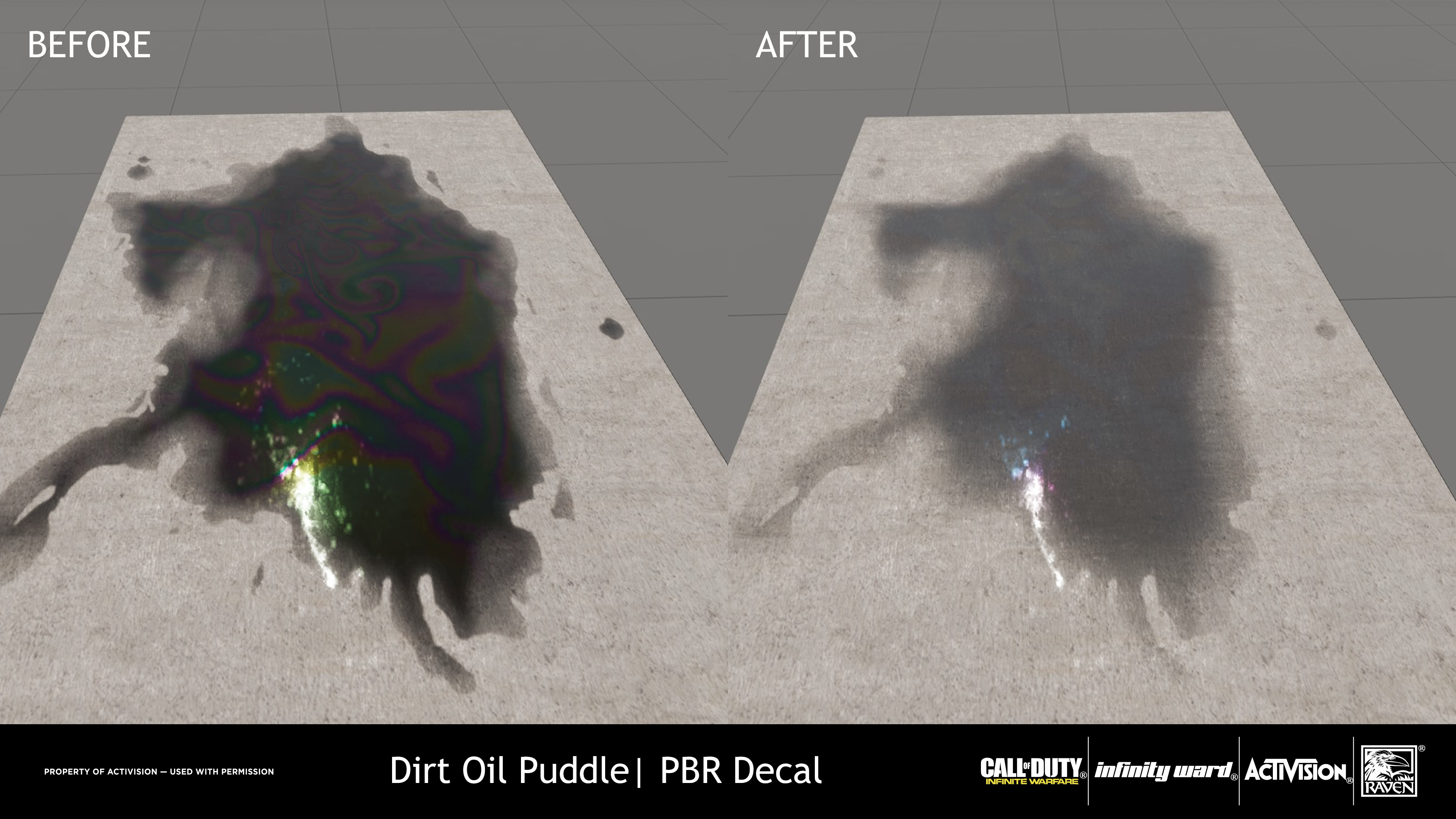 For the Oil puddle, Iridescence mask were generated and the value for the highlight was lowered. Diffuse value was adjusted to be lighter while still having a dark value for the opaqueness.