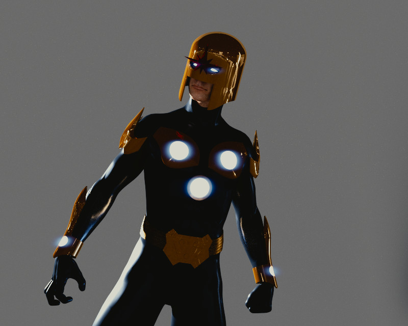 Here I was working out the blur and glare effects on the various lights in the eyes and suit.