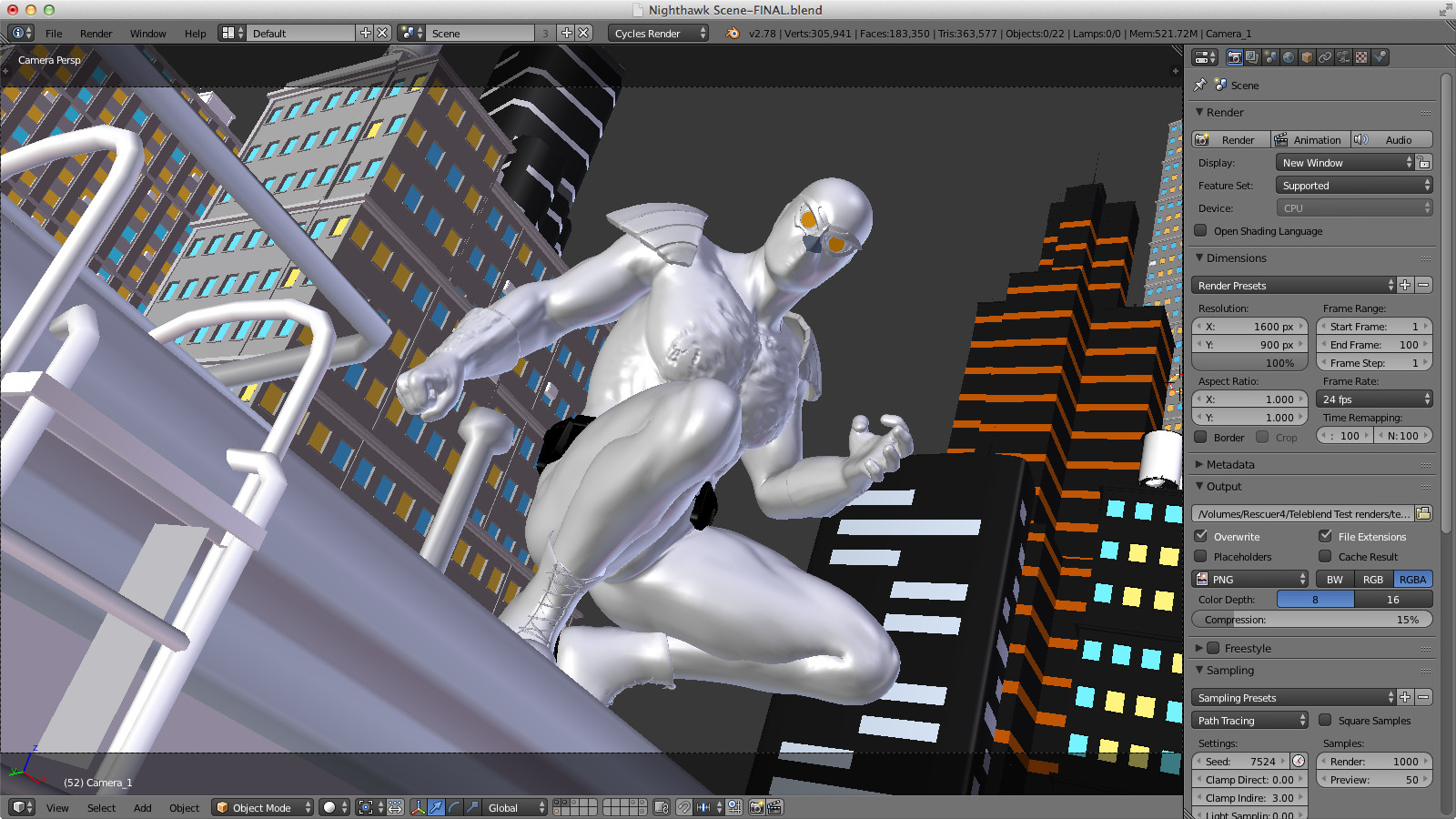 The scene as it was set up in Blender. Sometimes it's easier to add all those buildings in Blender.