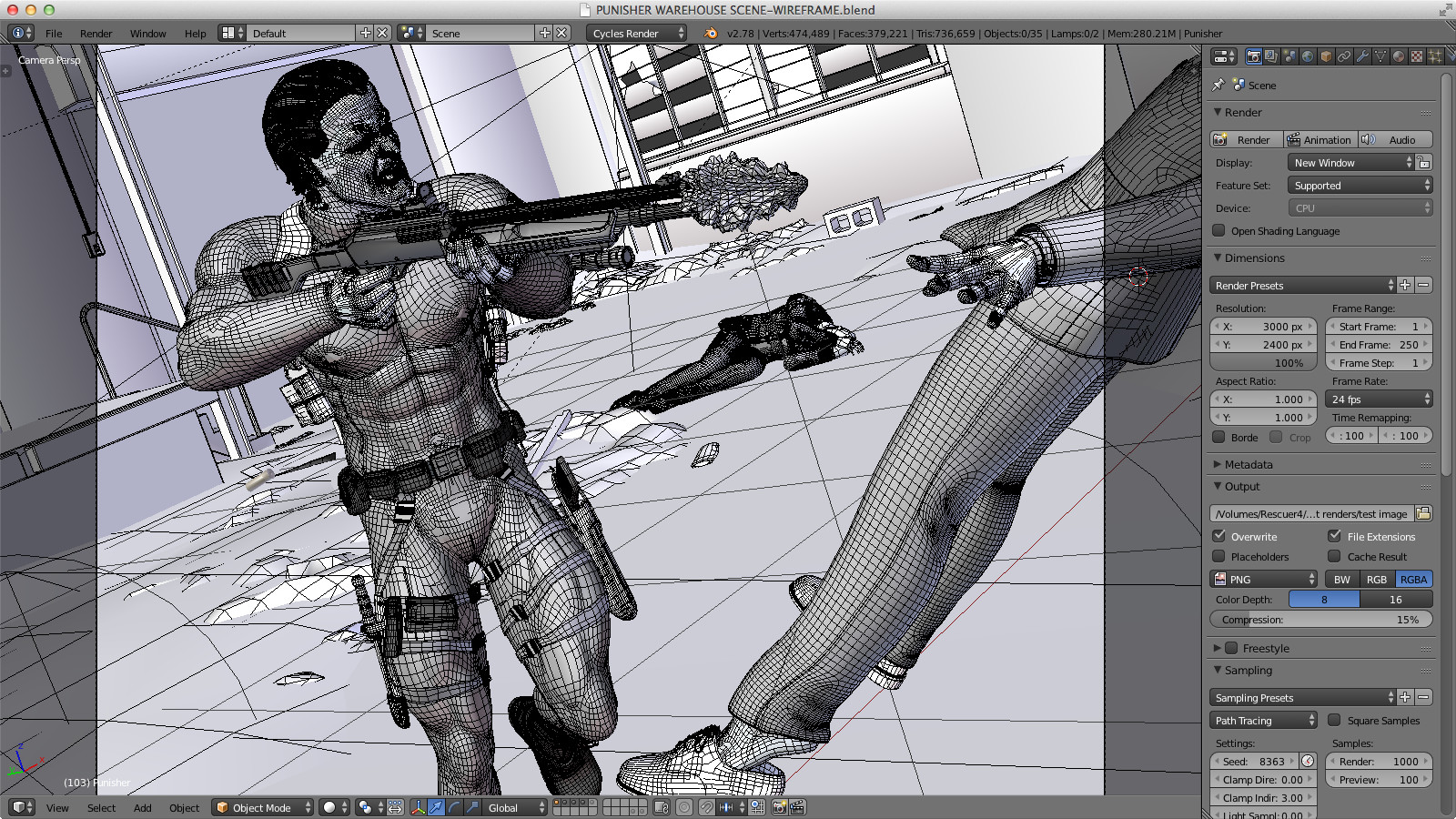 The scene set up in Blender. You can see I actually modeled the gun muzzle flash here, unlike my Icon piece where I added it in Photoshop