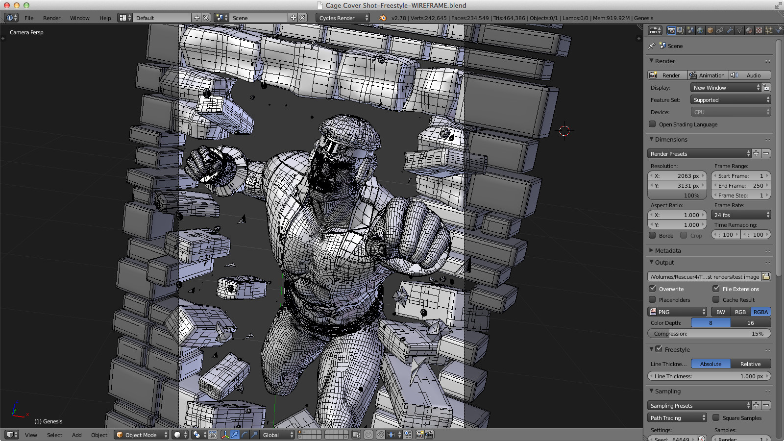 The working scene in Blender for the Freestyle lines.