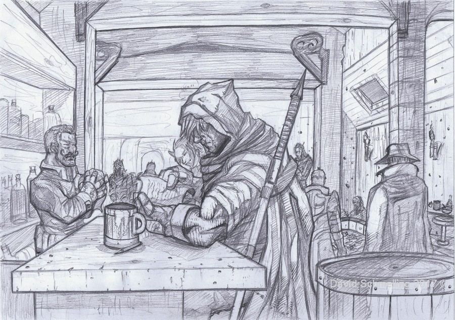 Wan rests inside a tavern - drawing.