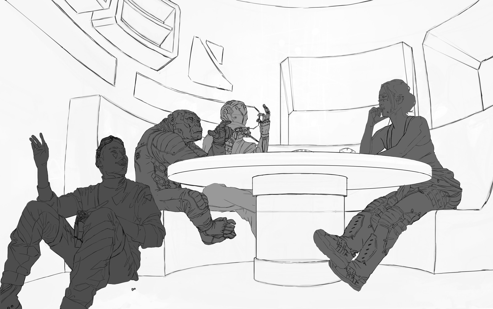 Silhouetted characters to see overlaps more clearly.