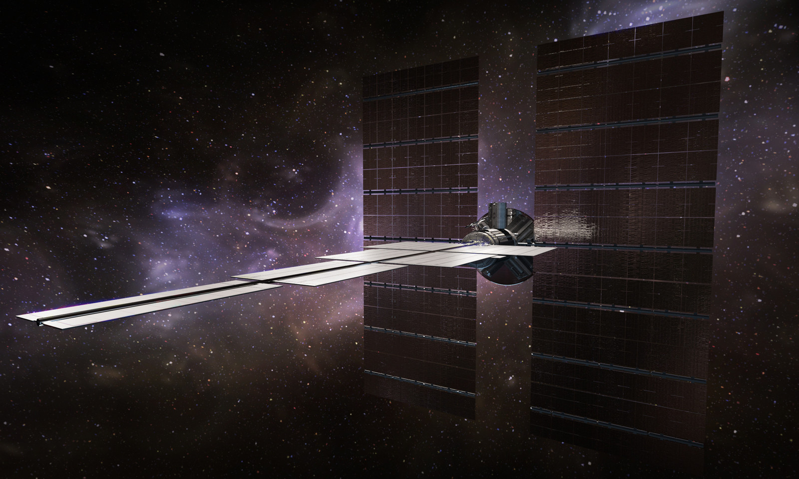 Artificial intelligence probe in deployed state, note how the heat dissipation radiators follow the inverse square law ( decay of irradiance )  as it gets further away from the heat source ( circular AI payload ) 