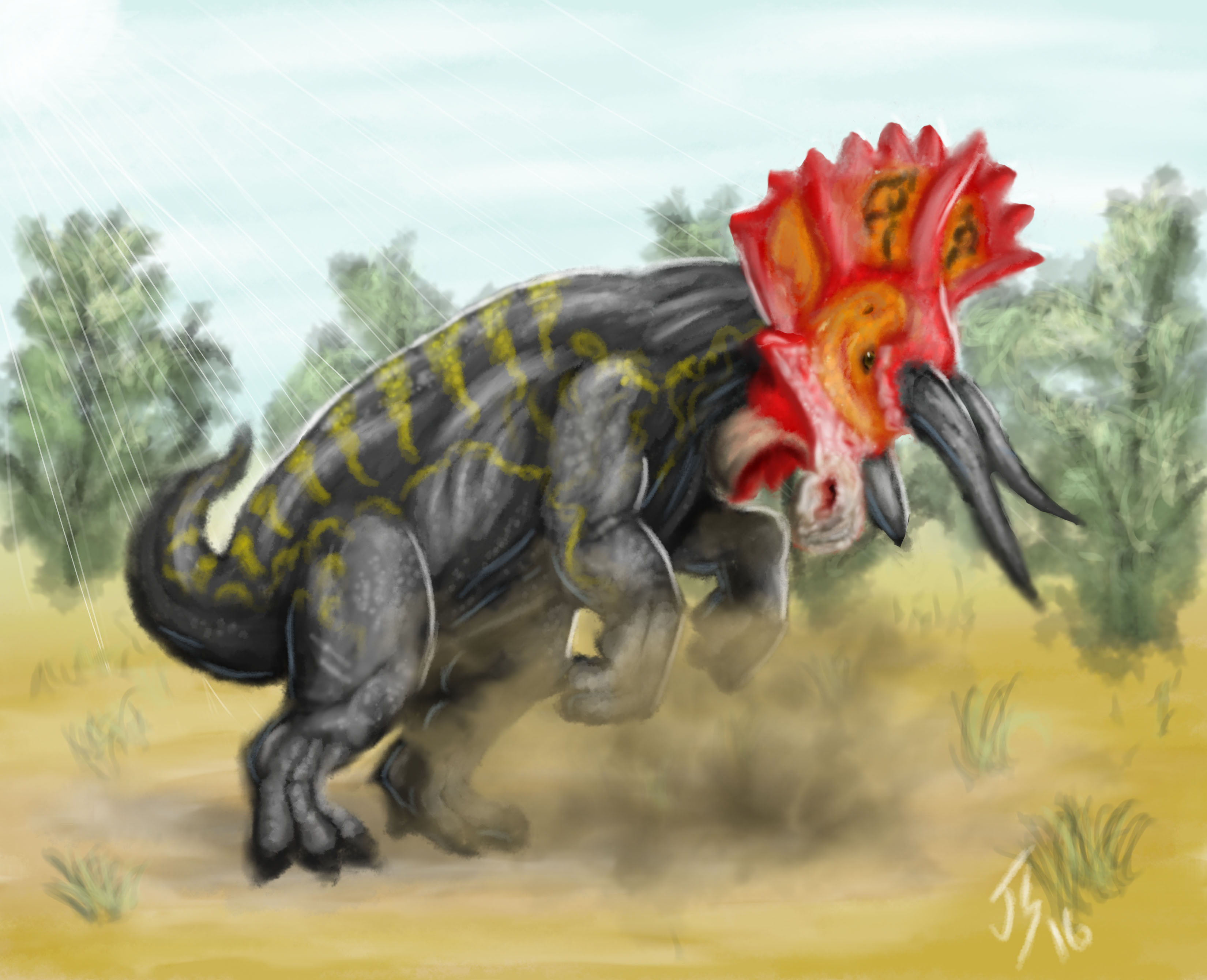 Triceratops in a challenging pose, possibly against a rival Triceratops or even a predator.