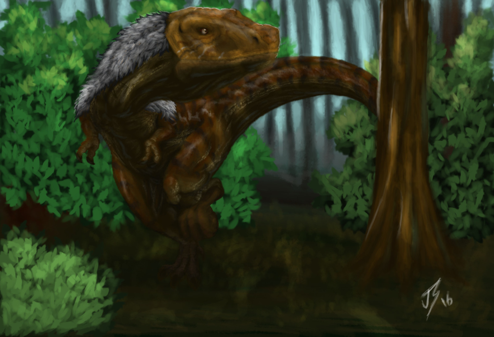 Tyrannosaurs calmly strolling through a thick forest.