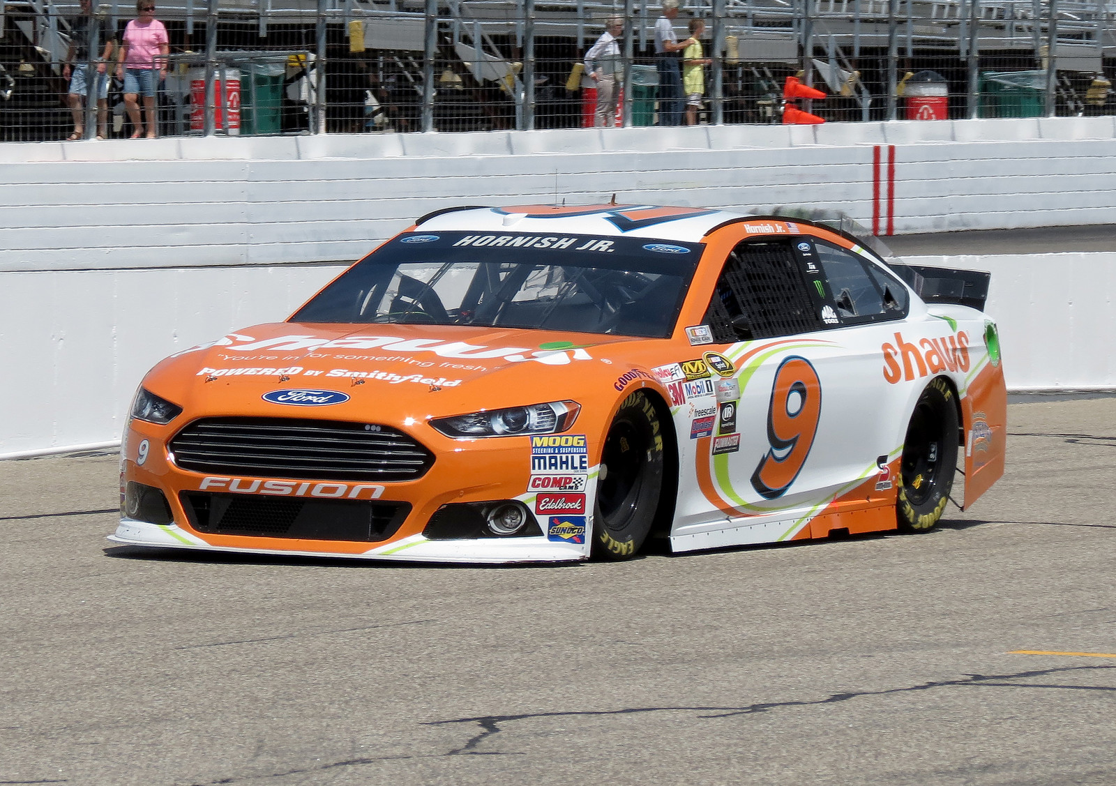The #9 Shaw's Supermarkets Ford Fusion on track during a practice session at New Hampshire Motor Speedway on July 17th, 2015.