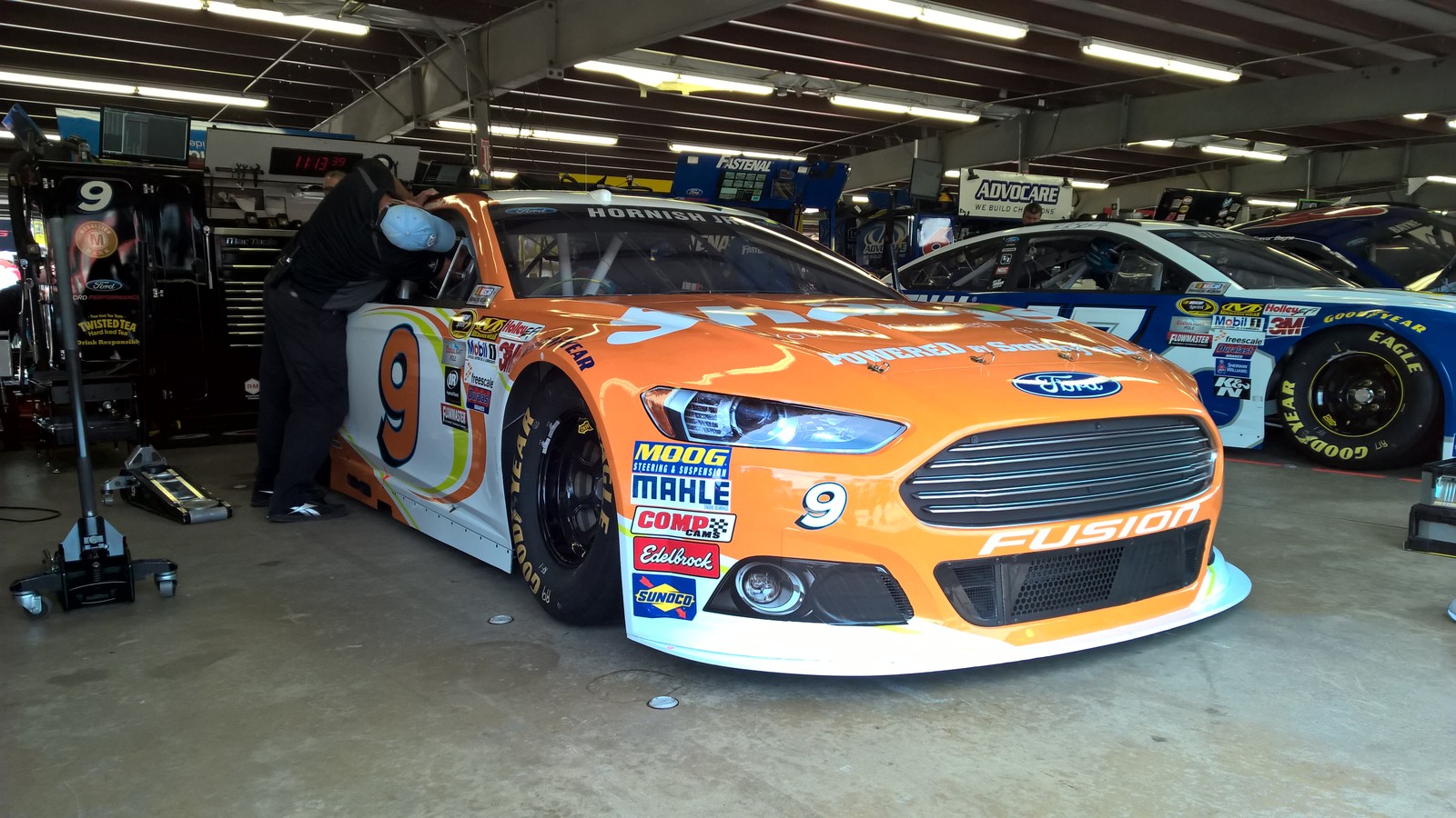 The #9 Shaw's Supermarkets Ford Fusion awaiting a practice session at New Hampshire Motor Speedway on July 17th, 2015.