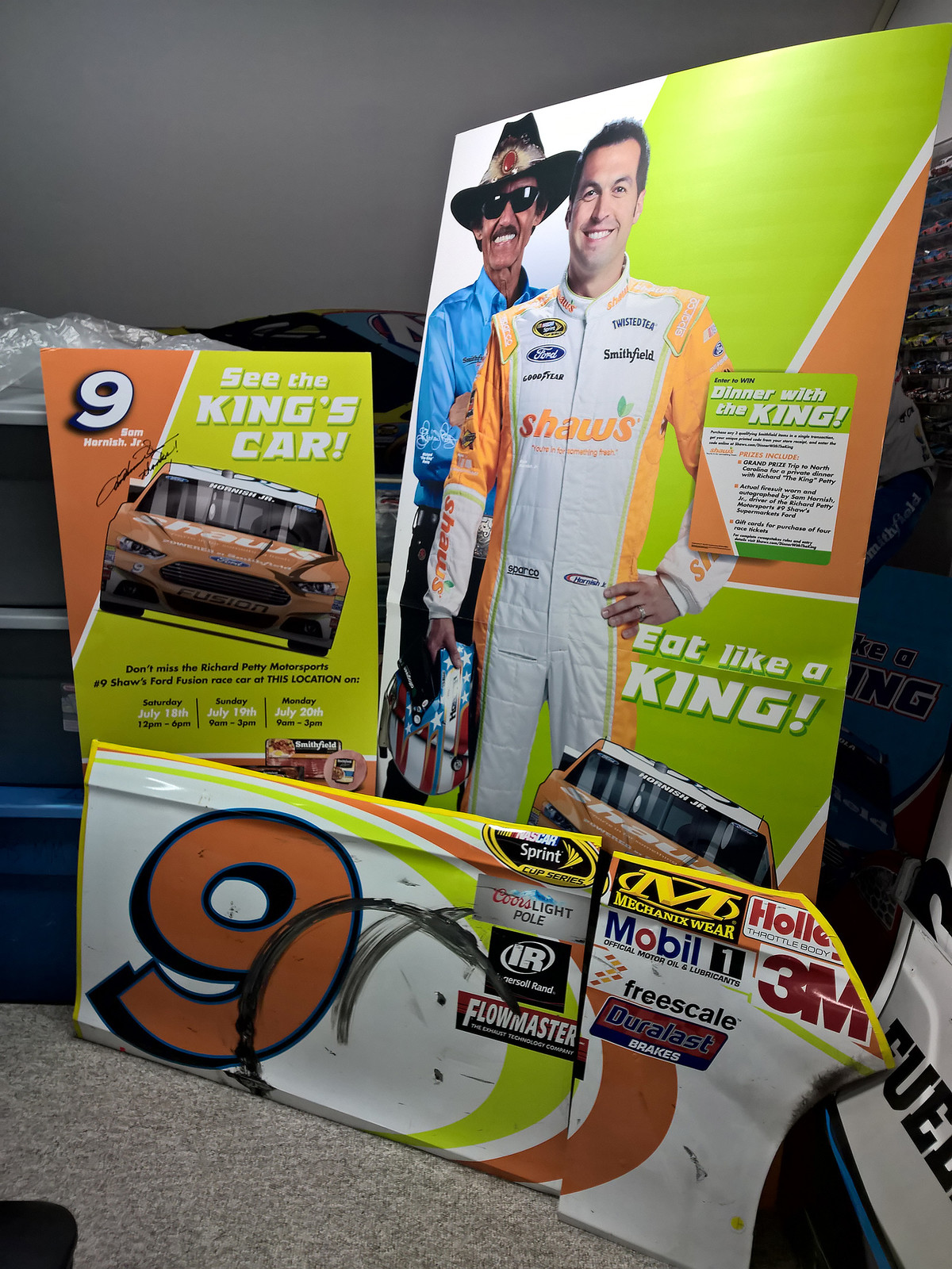 Shaw's Supermarkets store display standup featuring NASCAR legend and team owner Richard Petty and driver Sam Hornish Jr. with a door panel from the #9 race car in my personal collection.
