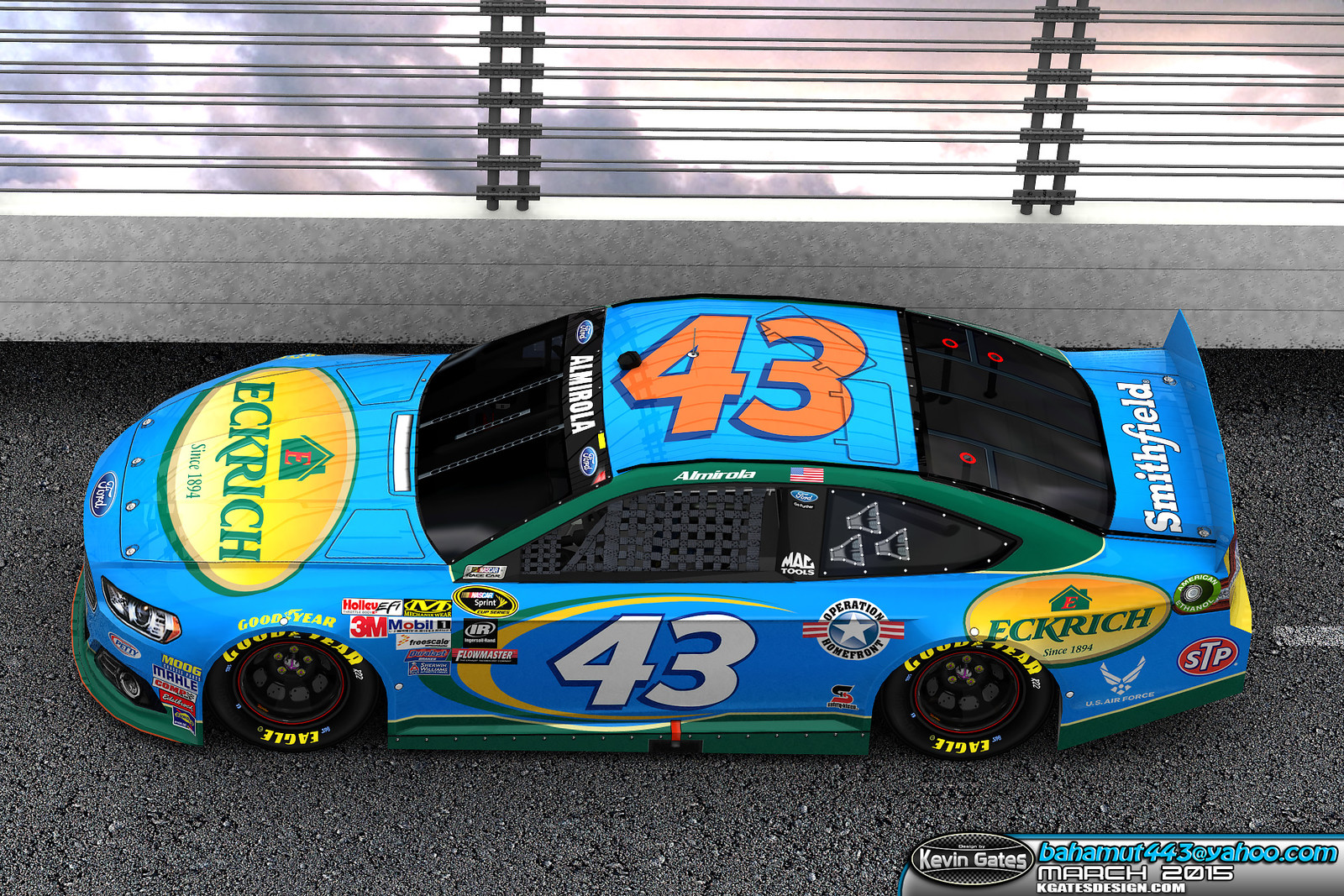 Autodesk 3DS Max render provided to Smithfield Foods depicting the 2015 #43 Eckrich paint scheme on track