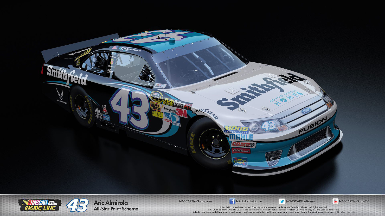 The 2012 #43 Smithfield car as seen in the 'NASCAR: Inside Line' video game for Playstation 3, XBOX 360, and Nintendo Wii (Image and render taken from the game's official Facebook page)