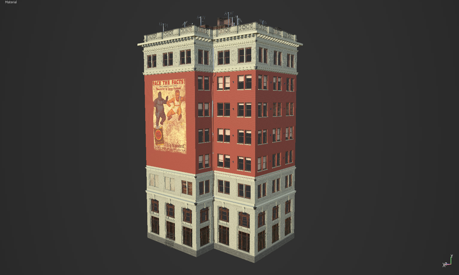 Substance painter render of an earlier version of the buildings textures. It has the bricks painted red pinkish. 