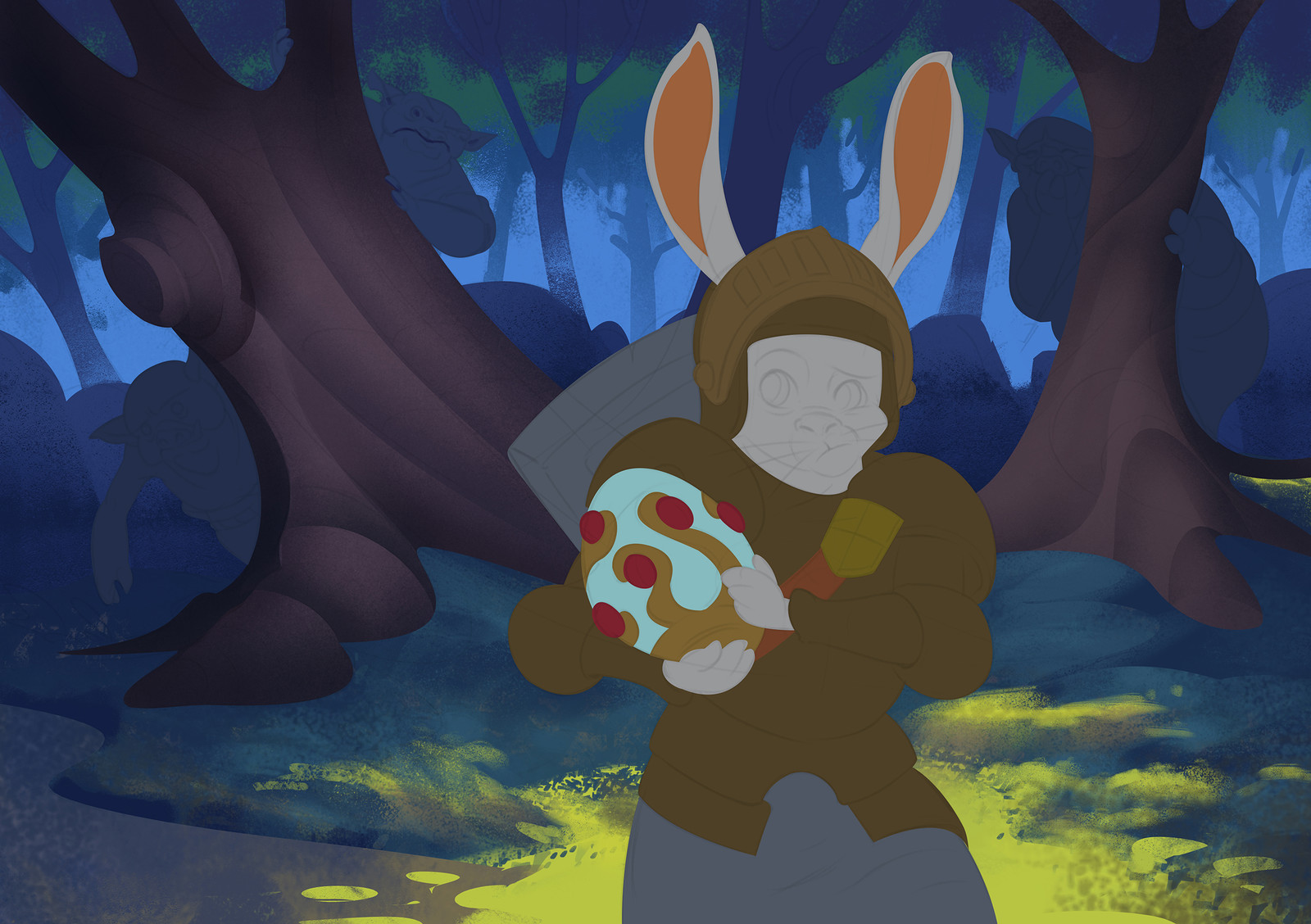 Next I start painting into the shapes from background to foreground. Due to the paths there are only sharp edges between shapes, so I use textured brushes to break those up in the background to push it further back, creating more depht