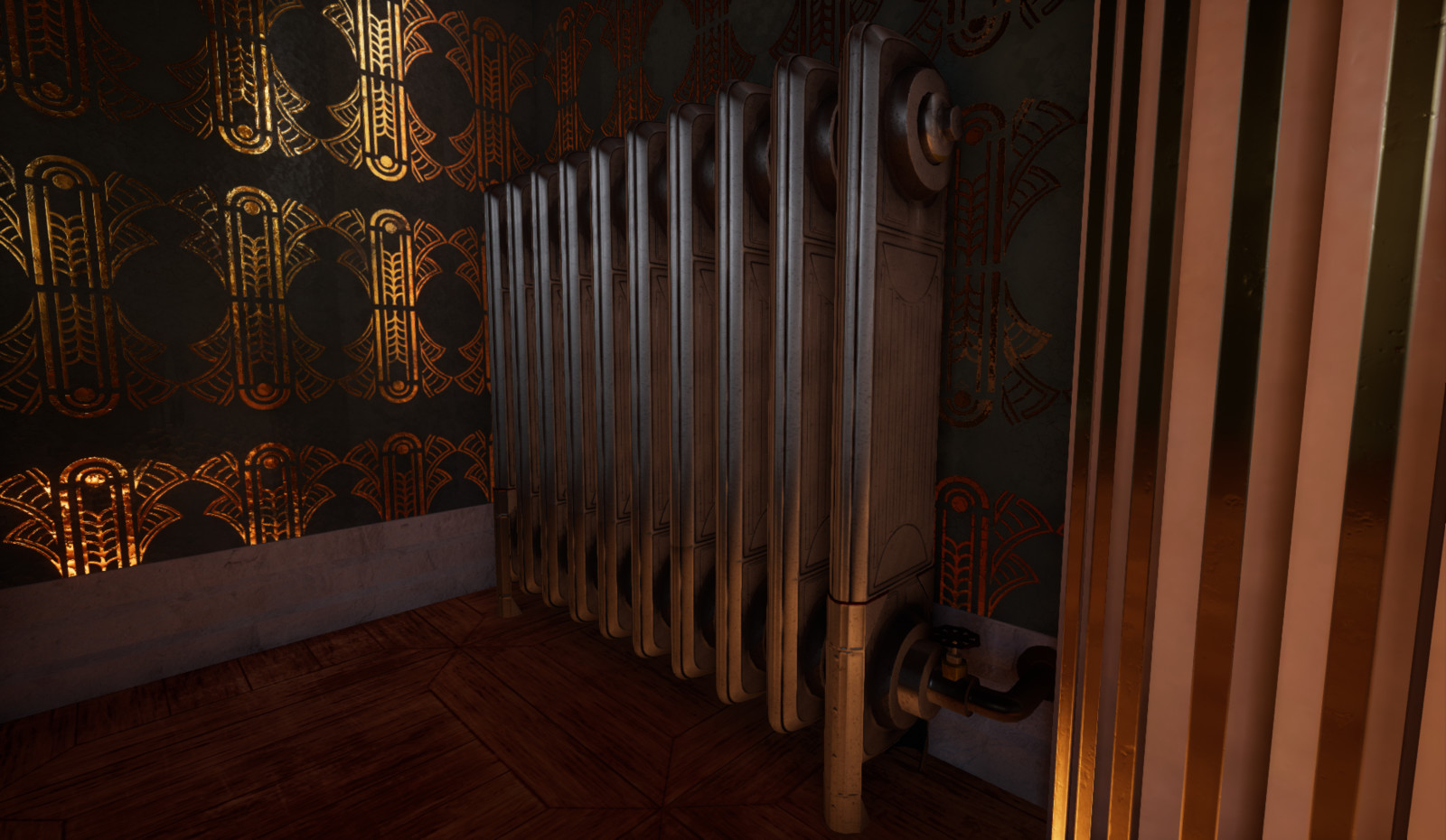 Close up of art deco radiator model, as well as wallpaper material.