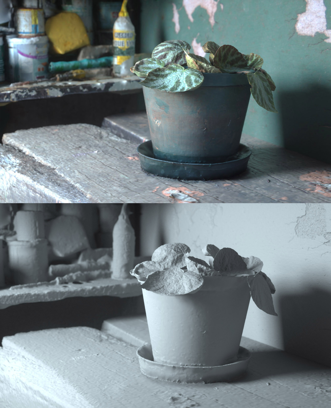 A scene containing 4 scanned items (shelf, table, wall and pot plant) Its 100% phtogrammetry 
