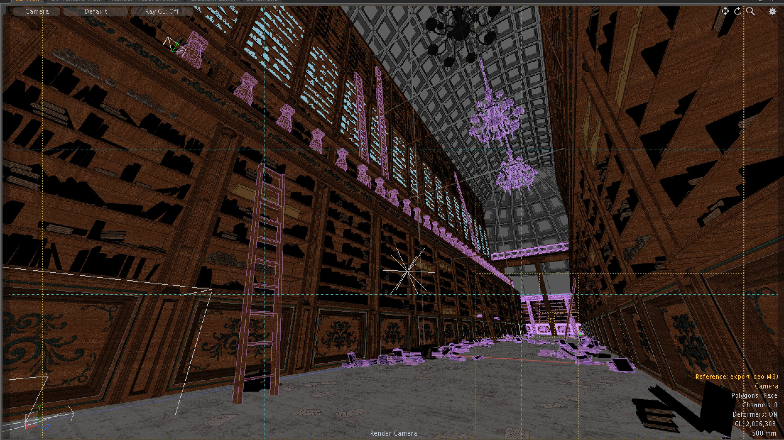 Wireframe in Modo. Note that all the books are replicated (instance) objects as well as the bookshelves. 