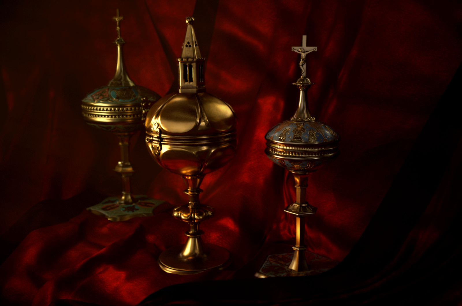 Ciborium assets  modeled and textured by me, velvet shader adapted from SubstanceShare