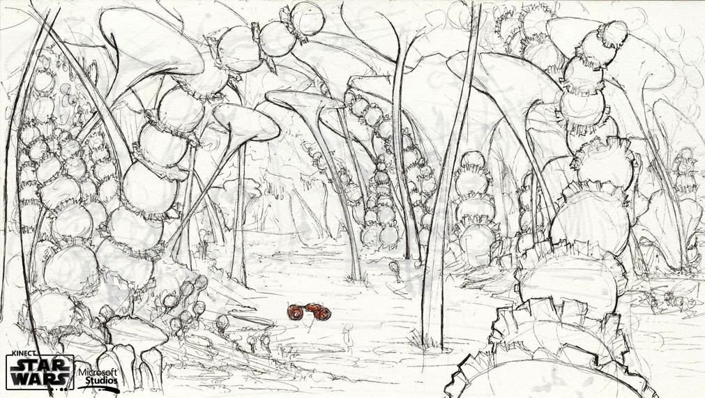 An ink Concept of a pod racing through the jungle of Felucia